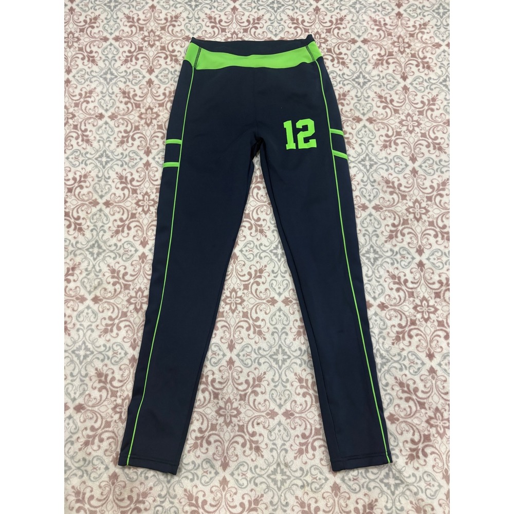 Navy Blue & Neon Green Athletic Leggings Number 12 Graphic Pants S/M